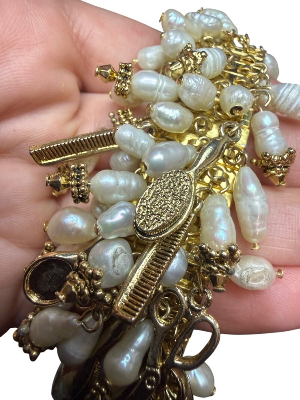 Hairdresser Statement Expandable Charm Bracelet Pearls & Gold-tone Cha Cha Style